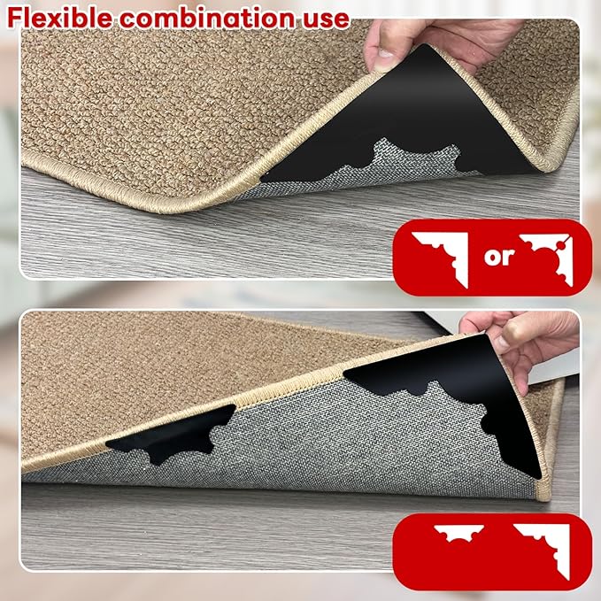 Rug Non Slip Grippers, Reusable Keep Rug Corner Down Tape Pads for Hardwood Floors, Strong Carpet Gripper for Area Rugs, No Damaging for Floor, 32Pcs