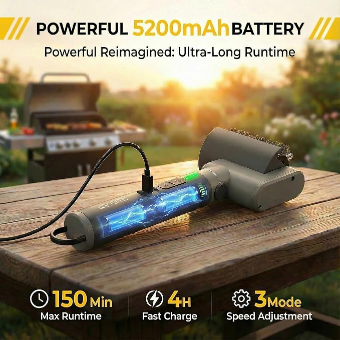 Electric Grill Brush, Cordless Grill Cleaner, Rechargeable Cleaning Brush | 58W High Torque, 5200mAh Battery, 150Mins Runtime, Anti-Shedding Brush, 3 Speeds, IPX7 Waterproof, Angle Adjust, Outdoor BBQ