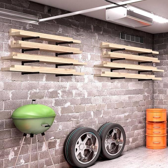 NANANARDOSO Wall Mount Wood Organizer and Lumber Storage,Heavy Duty Metal Shelf with 4-Level,Lumber Metal Racks for Indoor and Outdoor Use,4 Pack