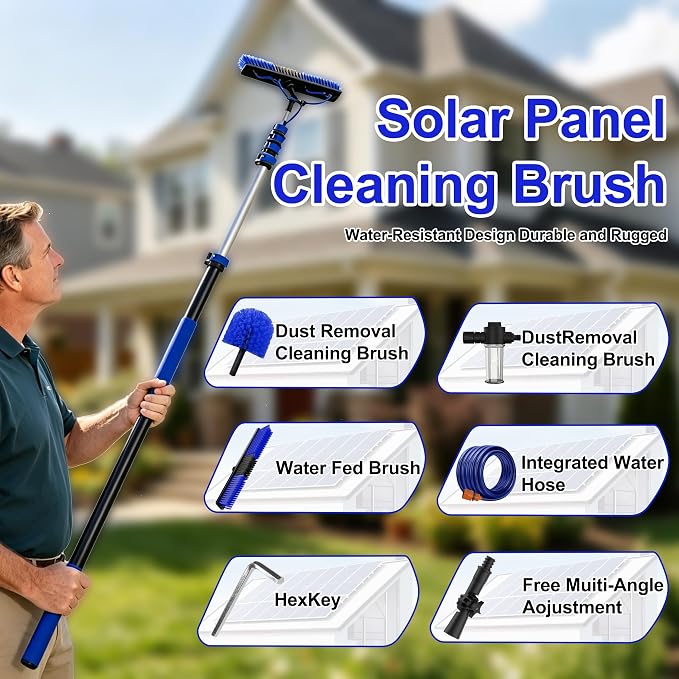 26FT Reach Solar Panel Cleaning Brush Kit with 5-20FT Telescoping Pole, 33FT Hose, 20" Water Fed Brush, Soap Dispenser, Cobweb Duster, Squeegee & High Ceiling Duster for Roof, RV, Gutter, Boat, Deck