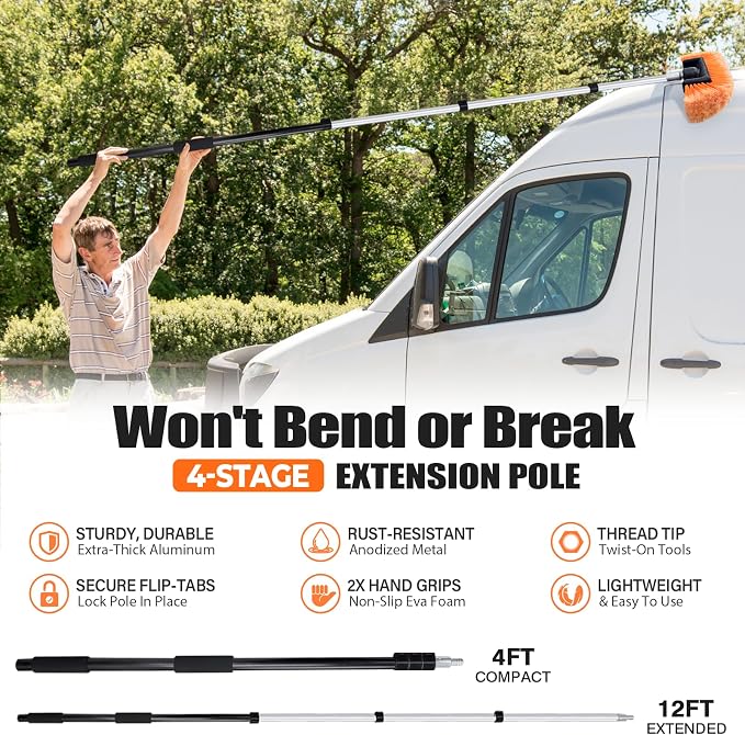 ARTIPOLY 20ft Reach Car Wash Brush with Long Handle-Car Cleaning Kit with 4-12FT Extension Pole, Ultimate RV,Truck Wash Set with Soft Brush, Tire Brush, Window Squeegee, Mitt, Microfiber Cleaning Mop
