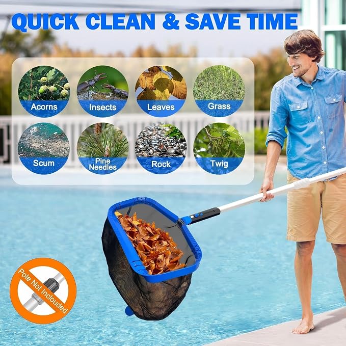17.5" Pool Skimmer Net, Pool Net Skimmer for Cleaning, Large Deep Replacement Net for Above Ground & Inground Pools, Heavy Duty Aluminum Frame Deep Fine Mesh Swimming Pool Leaf Net, (No Pole)