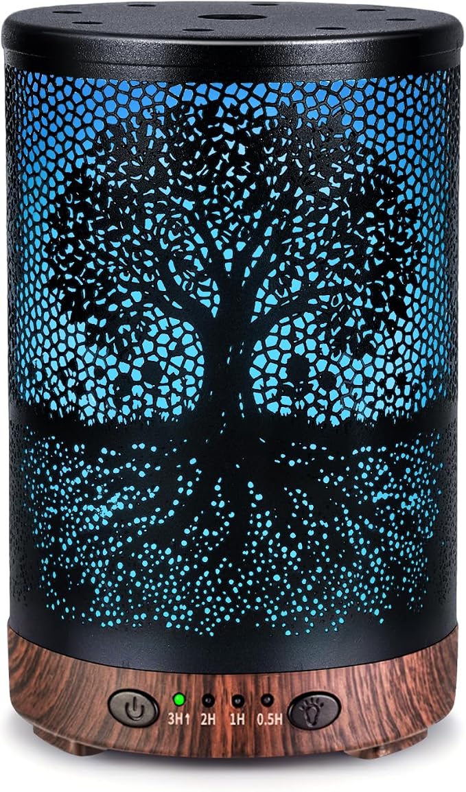 Essential Oil Diffuser 120ML Metal Aromatherapy Diffuser with Timer, Cool Mist Humidifier with Auto Shut-Off & 7 Color Lights for Home Office Spa (Life Tree)