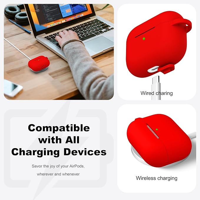 R-fun for AirPods Pro 2 Case, Soft Silicone Protective Cover with Keychain and Cleaning Pen, Compatible with AirPods Pro 2nd/1st Generation, Supports Wireless Charging, Red