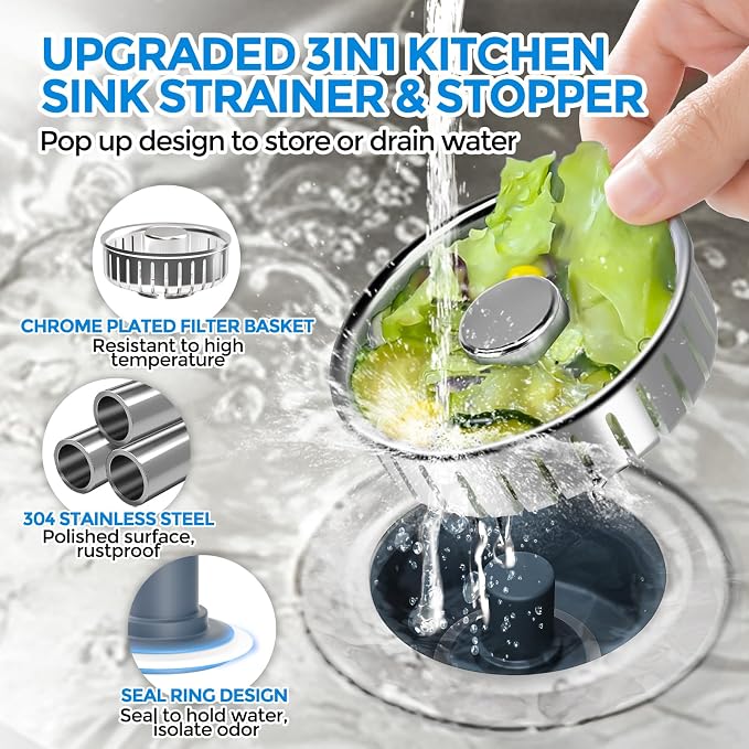 Upgraded 3 in 1 Kitchen Sink Drain Strainer & Sink Stopper, Stainless Steel Kitchen Drain Plug & Sink Installation Parts with Anti-Clogging Basket, Fit US Standard 3-1/2'' Sink Drain Hole