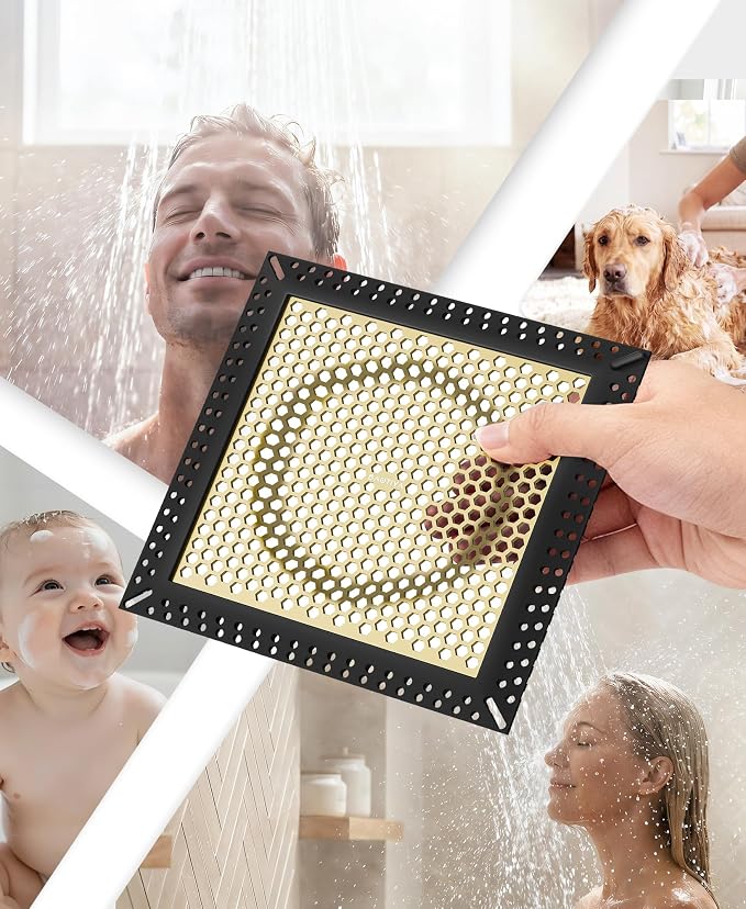 Square Shower Drain Hair Catcher, Flat Shower Drain Hair Catcher, Anti-Clogging Fast Drainage, Anti-Slip, Easy Clean Fits Bathroom Hair Catcher for Shower (Matte Black & Brushed Gold, 6 inch)