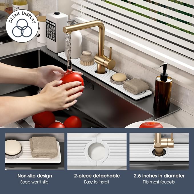 Quick Drying Stone Faucet Mat for Kitchen Sink - Diatomite Sink Mat Absorbing Stone Tray for Bathroom Counter, Sink Faucet Splash Guard Water Protector Matt for Kitchen Counter(White, 20" x 3.9")