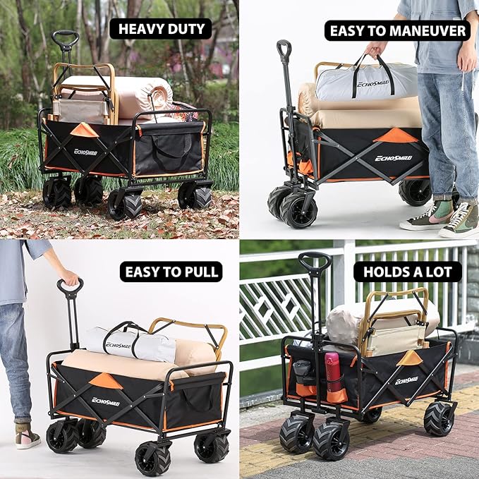 EchoSmile Heavy Duty 350 Lbs Capacity Collapsible Wagon, Outdoor Folding Camping Wagons, Grocery Portable Utility Cart, Adjustable Rolling Carts, All Terrain Sports Wagon with Big Wheels by Boahaus