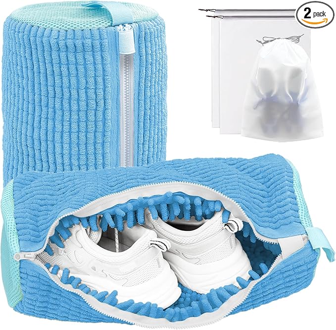 Shoe Washing Machine Bag,Laundry Shoe Bag for Washer and Dryer,Reusable Shoe Cleaning Bag for Sneakers,Tennis Shoes,With Self-locking Zipper, Microfiber Inside,Include Shoe Bag (Pro Blue - 2 Pack)