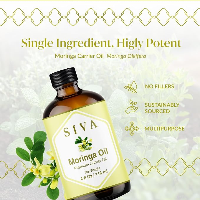 SIVA Moringa Carrier Oil, Glass Bottle with Dropper, 4 Fl Oz (118 ml) | Moringa Seed Oil for Face Care, Skin Care, Facial Oil, Hair Care, Scalp Massage, Body Massage, Dilution & DIY Beauty Blends