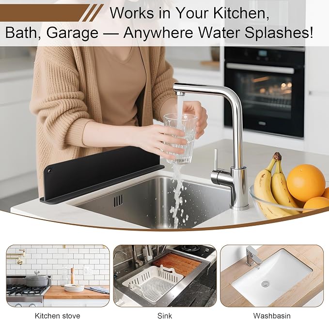 Silicone Sink Splash Guard, Sink Splash Guard with Suction Cup, Kitchen Sink Splash Guard that Can Be Placed Behind the Sink, Sink Splash Guard(17.3 x 4.1 Inch Black)