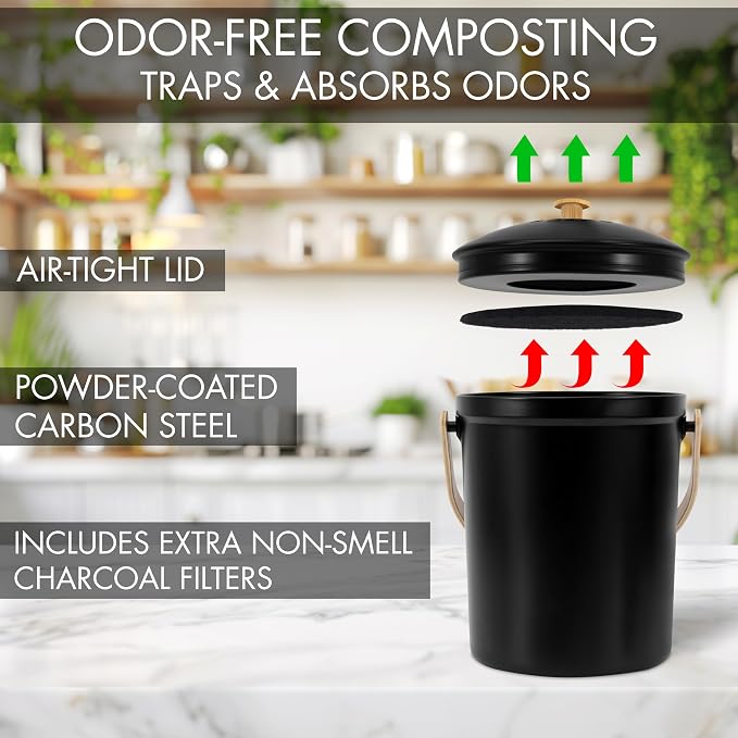 Beautiful Kitchen Compost Bin with Smell Proof Lid - Rust Proof and Odorless Compost Bucket for Your Countertop with No Smell Filters - Easy to Clean 1.1 Gallon Bin Looks Great On Any Kitchen Counter
