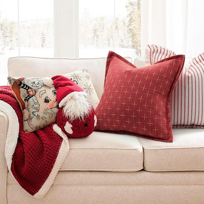 ZWJD Christmas Pillow Covers 20x20 Set of 2 Soft Polyester Textured Pillowcases with Stylish Flange Edge Cozy Farmhouse Christmas Pillows for Couch Bed Sofa Living Room (Red)