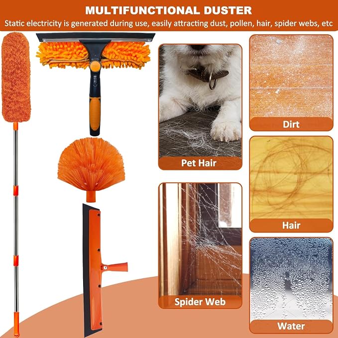 20+ Feet High Reach Duster Kit with 3-14 ft Extension Pole High Ceiling Dusting and Window Cleaning Kit with Spliceable Pole - Window Washer & Squeegee, Cobweb Duster, Fan Blade and Feather Dusters