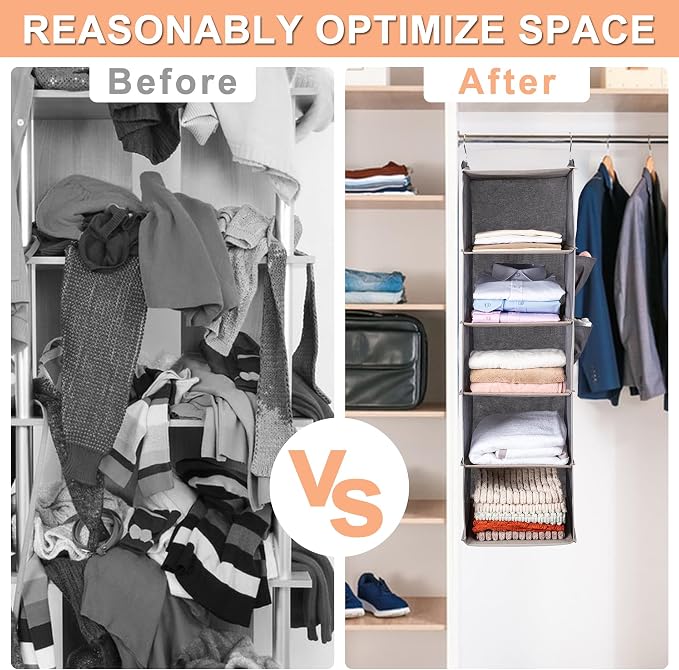 BOOMIBOO Hanging Closet Organize and Shelves,5-Hanging Shelf（Red） | with 2 Side Pockets，Storage Foldable