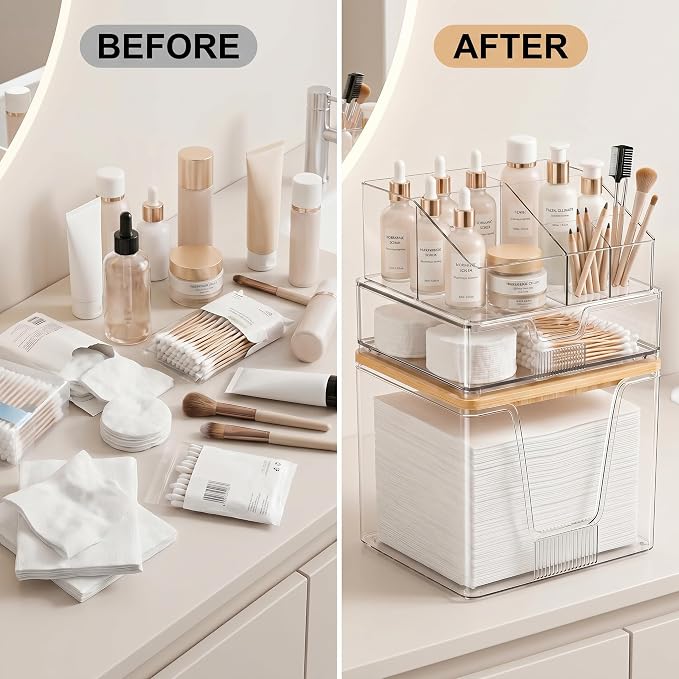 SPOSPO 3-in-1 Disposable Facial Towel Holder & Makeup Organizer | Cotton Ball/Swabs Dispenser, Vanity Holder with Bamboo Lid Compatible with Clean Skin Club Towel XL for Bathroom Coutertop