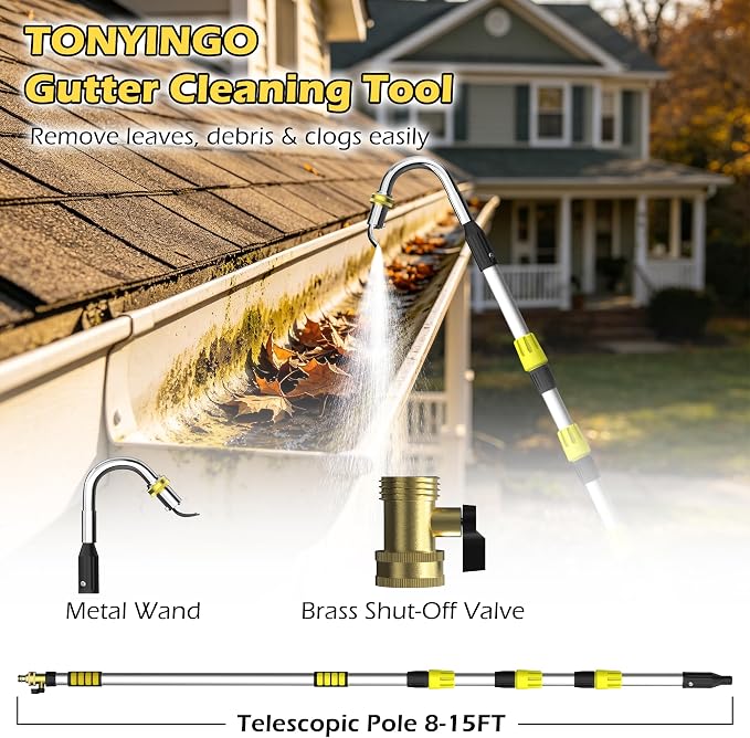 24FT Reach Telescopic Gutter Cleaning Tool, 8-15FT Gutter Cleaner from the ground with 360°Rotatable Duckbill Metal Head, Shut Off Valve, Leak-Proof Gutter Cleaning Wand for Garden Hose