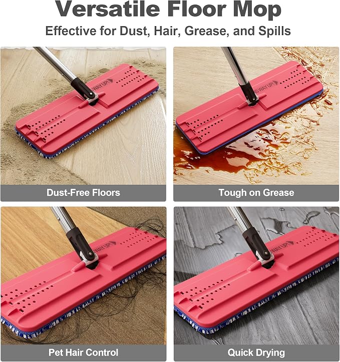 JOYMOOP Flat Mop Replacement Set, Microfiber Cleaning Tool with 60" Handle and Flexible 13" Head, Black & Red, for Floor and Wall Cleaning