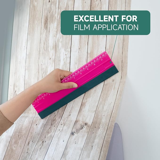 FOSHIO Professional Squeegee for Vinyl, Decals, Sticker Paper, Wallpaper, Window Film, Craft, Suede Felt Squeegee Smoothing Tool with Ruler, Pink (10 inches)