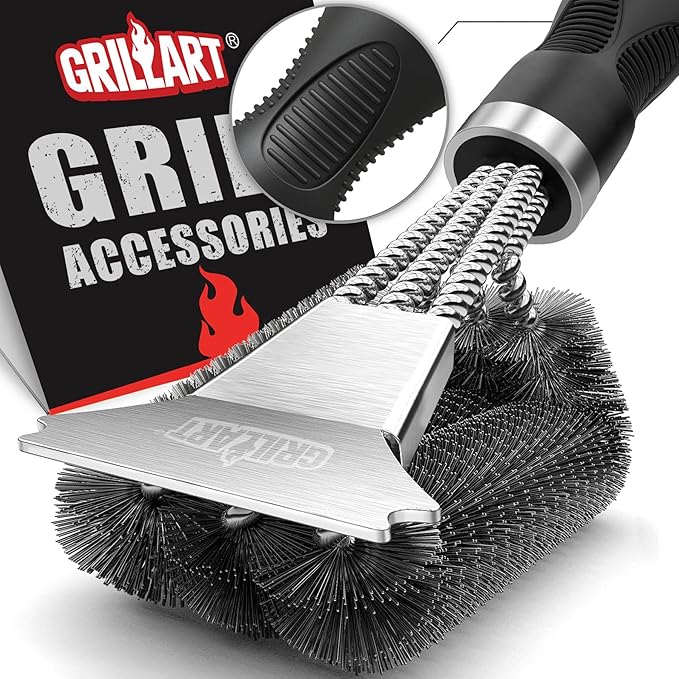 GRILLART Grill Brush, 18'' Extra-Strong Handle, BBQ Cleaner with Scraper | Remove Tough Grime, Triple Safe Wire Bristle Scrubbers, for Gas, Charcoal & Smoker, Steel Grates, 360°Wizard Cleaning
