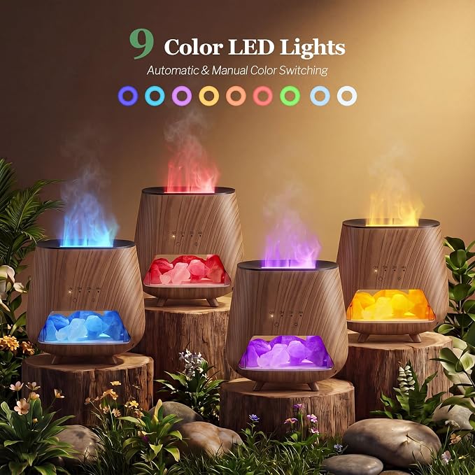 Essential Oil Diffuser for Home: 𝟒-𝐢𝐧-𝟏 Himalayan 𝐒𝐚𝐥𝐭 Lamp | Aromatherapy Diffuser with 𝟗-𝐂𝐨𝐥𝐨𝐫 Flame LED - 200ml Cool Mist Humidifier - Auto Off for Bedroom, Office & Yoga