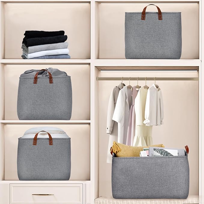 DULLEMELO Extra Large Grey Basket for Organizing, Collapsible Fabric Storage Basket with Handles, 70L Oversized Storage Bin, Large Closet Toys Blanket Organizer for Living Room, Laundry, Nursery