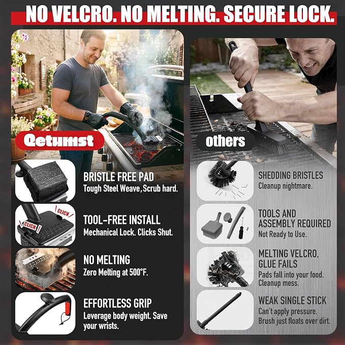 Qetumst Grill Brush Bristle Free with Collapsible Bucket, Steam BBQ Cleaning Kit & 3 in 1 Scraper, Extra Replaceable Head, Safe Outdoor Accessories for Cast Iron, Porcelain Grates