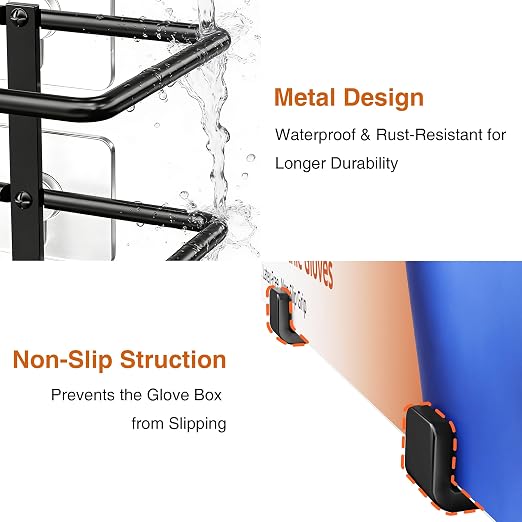 Adhesive Glove Box Holder Wall Mount, Metal Gloves Dispenser, Black | For Latex & Nitrile Boxes, No-Drill Tissue & Wipes Organizer for Lab, Kitchen, Bathroom