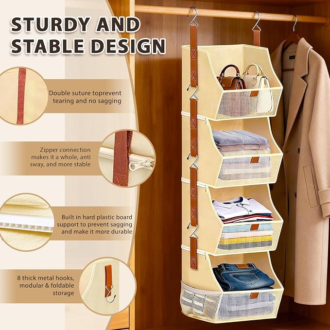 Fabric Hanging Closet Clothes Organizers and Storage Detachable 4 Tier | Hanging Clothes Organizers for Bedroom,Dorm,RV,,Camper,See Through Front Panel,Space-Saving,Can Be Separated Individually