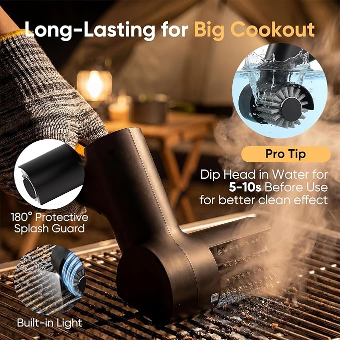 Electric Grill Cleaner Brush for Outdoor Grill with SS Rotary Head, 3 Speed | Portable BBQ Grill Cleaning Brush, 500RPM Motor| 120Mins Runtime|No Bristle Shedding|Replaceable Brush Set, Gifts for Men/Dad
