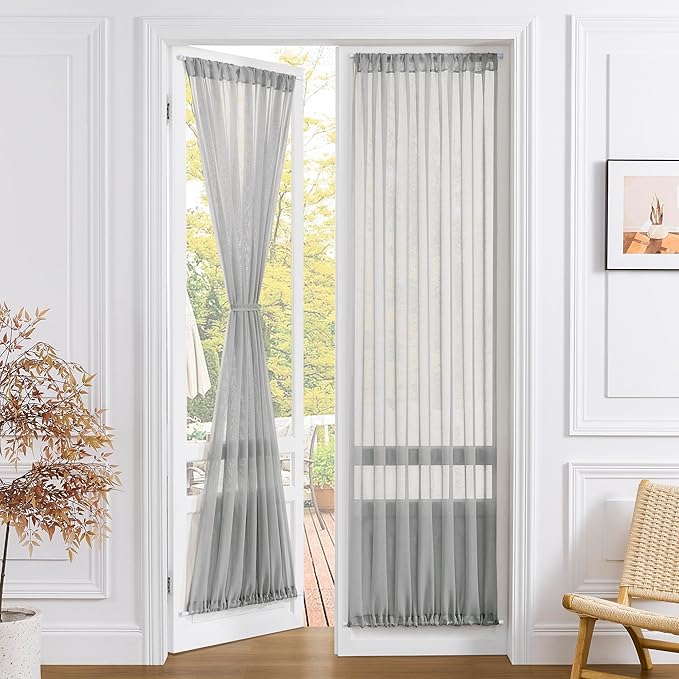 Tollpiz Sheer Curtain Closet Linen Textured Curtain Sheers Doorway Light Filtering Voile French Door Rod Pocket Curtains Patio Glass Door, 25 x 80 inches Long, Silver Grey, Set of 1 Panel