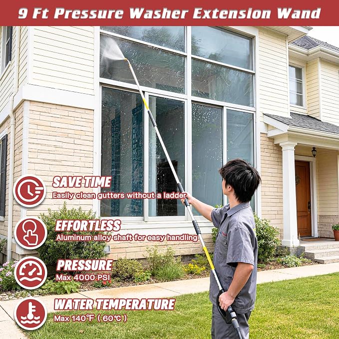 9 FT Pressure Washer Extension Wand with Handle Gun, 4000 PSI | Power Washer Lance Gutter Cleaner Attachment with 5 Nozzle Tips, Compatible with Gas & Electric Pressure Washers