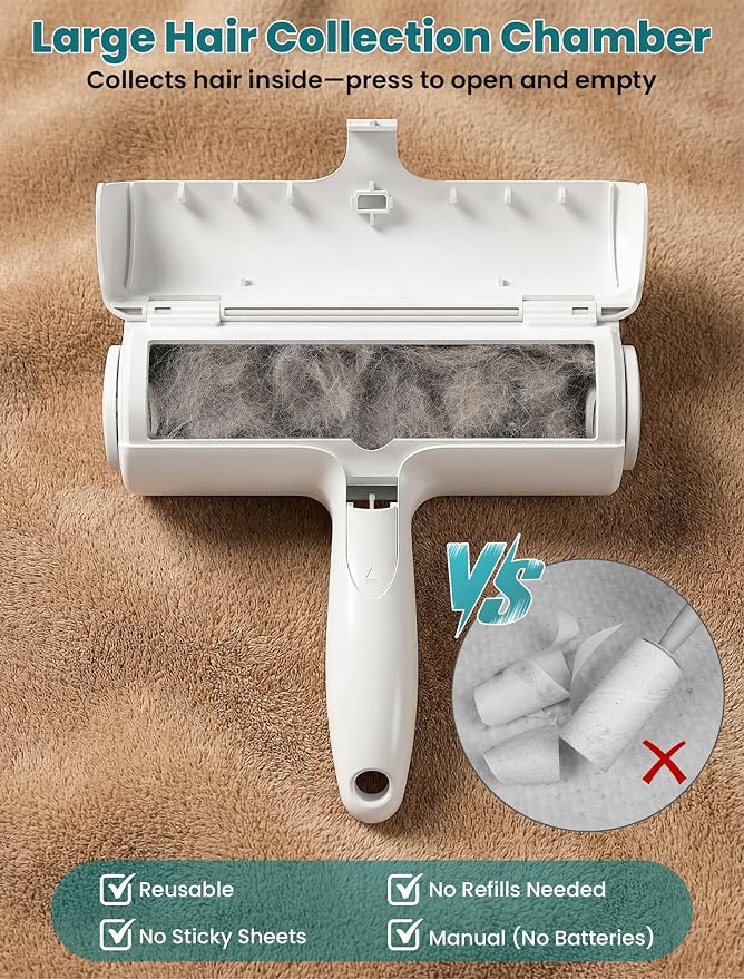 DELOMO Pet Hair Remover Roller, Reusable Lint Roller for Dog and Cat Hair | Portable Pet Hair Roller with Large Fur Bin, Fast Cleaning for Couches, Bedding, Rugs, Car Seats and Furniture, No Batteries