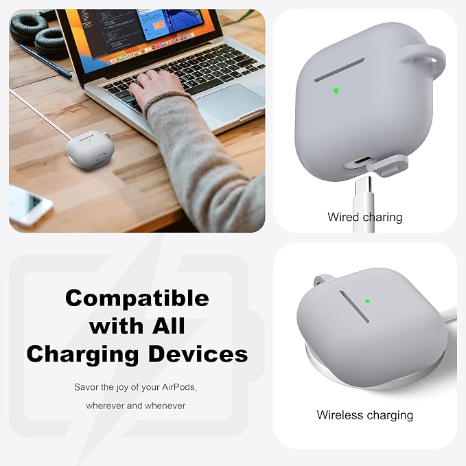 R-fun Compatible with AirPods 3 Case Cover, Silicone Protective Accessories Skin with Keychain Compatible with Apple AirPod 3rd Generation 2021 for Women Men Girls Boys,Front LED Visible,Light Grey