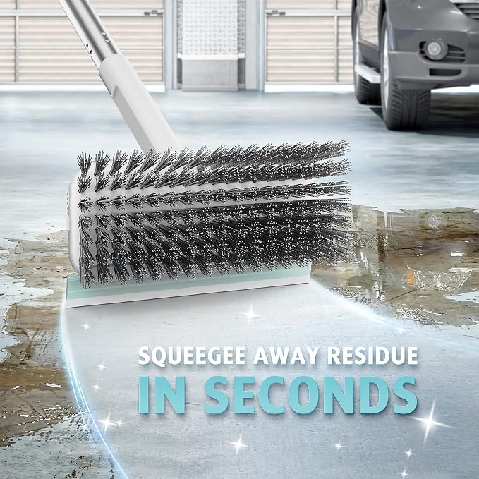 AIR U+ Concrete Scrub Brush, Long Handle, 7-Row Wire Bristles, Squeegee | Removes moss, algae and tough buildup from patios, driveways, pavers and garage floors, focused control for edges and steps