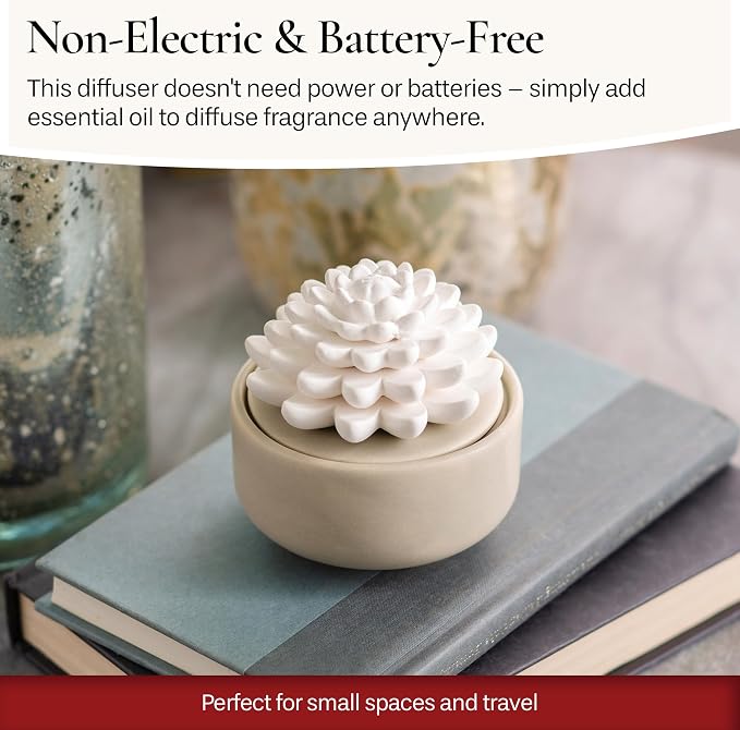 White Succulent, Porcelain Passive Essential Oil Diffuser (with 15ml Peppermint Essential Oil) – Non-Electric, Battery-Free, Improves Sleep, and Relieves Stress