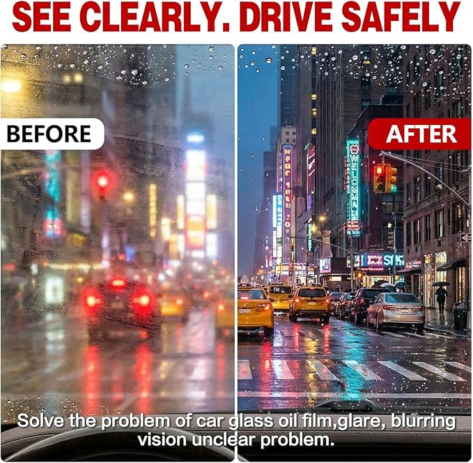 Oil Film Cleaning Brush for Car Windows, 2026 Upgraded Clear Vision Windshield Cleaner with Anti-Rain Coating, Improving Clarity & Safer Driving, Kit with Supplements & Towel, 2 pcs(Red)