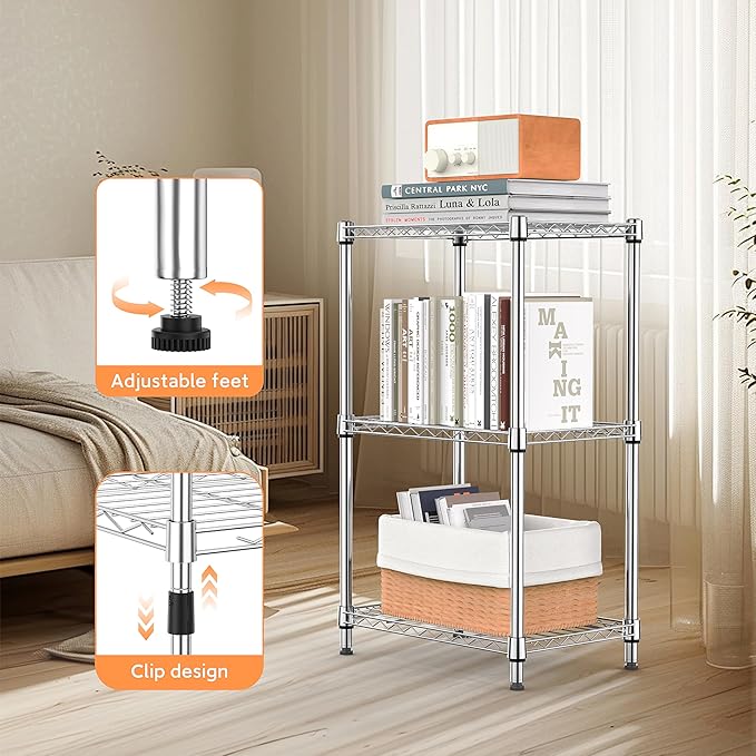 3 Tiers Shelf Metal Storage Shelves Wire Rack Closet Organizers with Wheel for Garage Kitchen Bathroom Laundry Chrome 11.8" D x 17.7" W x 28.8" H