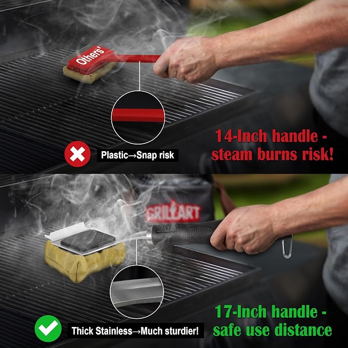 GRILLART Grill Brush Bristle Free Safe Steam Cleaning Tool, Replaceable Head for Any Grate Type - 17” Long Handle w/One-Fit-All Scraper - BBQ Accessories Cleaner for Outdoor Grill - Gifts for Men/Dad
