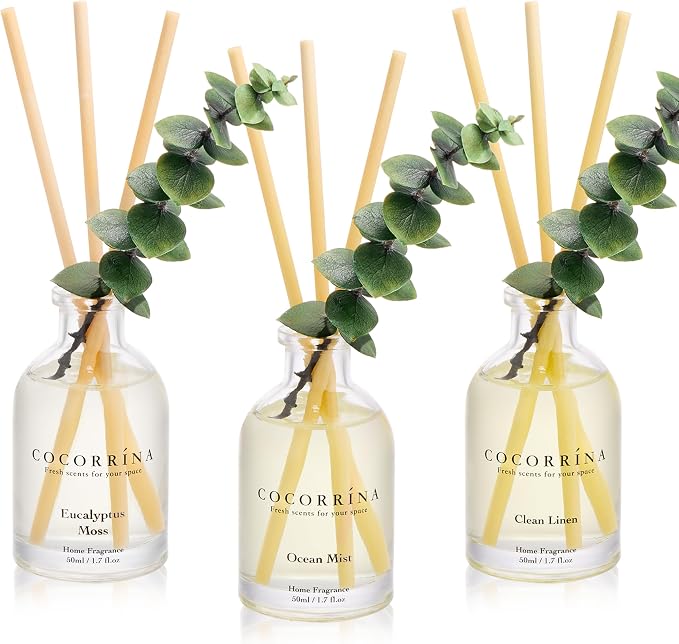 Reed Diffuser Set of 3 with Dried Eucalyptus for Home & Office | Eucalyptus & Moss/Clean Linen/Ocean Mist Scents,Aromatherapy Scented Oil Diffusers, 1.7 oz Each, Total 5.1 oz