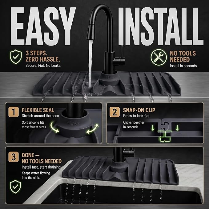 Premium Kitchen Sink Splash Guard – 18" x 5.7" Silicone Faucet Mat with Secure Pressure Clip, True 10° 3D Drainage(No Pooling), Anti-Lift Design, Flexible Leak-Sealing Ring, Non-Slip Fit Behind Faucet