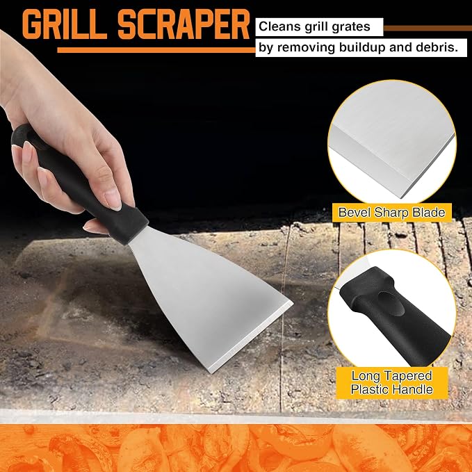 4 Piece Pellet Grill Ash Cleaning Kit, Easy to Remove Ash & Grime | Includes Large Dust Pan, Soft Bristle Brush & Metal Scraper, Compact & Portable, BBQ Grill Cleaning Essential