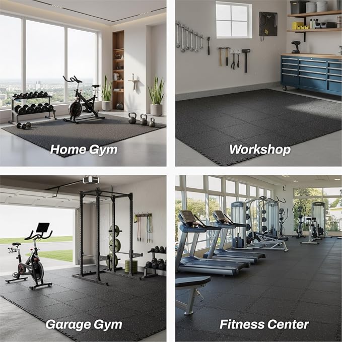 AIRHOP 0.56in Thick 48 Sq Ft Exercise Equipment Mats, 12 Tiles Upgraded Rubber Top with High Density EVA Foam, Large Interlocking Puzzle Gym Flooring for Home Gym, Heavy Weight Workout, 24 x 24in