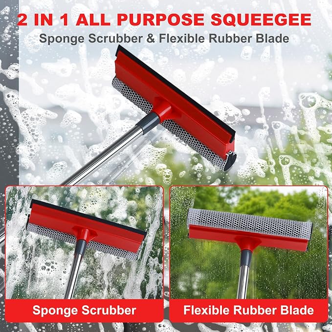Window Squeegee with 19-37" Long Handle, 2-in-1 Squeegee Cleaner Tool, Retractable Stainless Steel Handle for Car Windshield, Shower Glass, Glass Doors, Outdoor Windows, High Windows