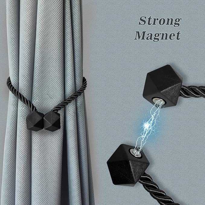 Hion Magnetic Curtain Tiebacks Black 6 Pack, Curtain Tiebacks Buckles Holdbacks Holders Hooks Clip for Home Bedroom Office Decorative Thick or Thin Curtain