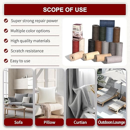 Linen Repair Tape 4x79 inch, Self Adhesive Fabric Patches, Linen Patch Tape Kit, Fabric Repair Tape for Couch Sofas, Headboards, Chairs, Pillows, Curtains, Couches - Medium Grey