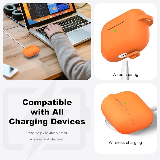 R-fun for AirPods Pro 2 Case, Soft Silicone Protective Cover with Keychain and Cleaning Pen, Compatible with AirPods Pro 2nd/1st Generation, Supports Wireless Charging, Orange