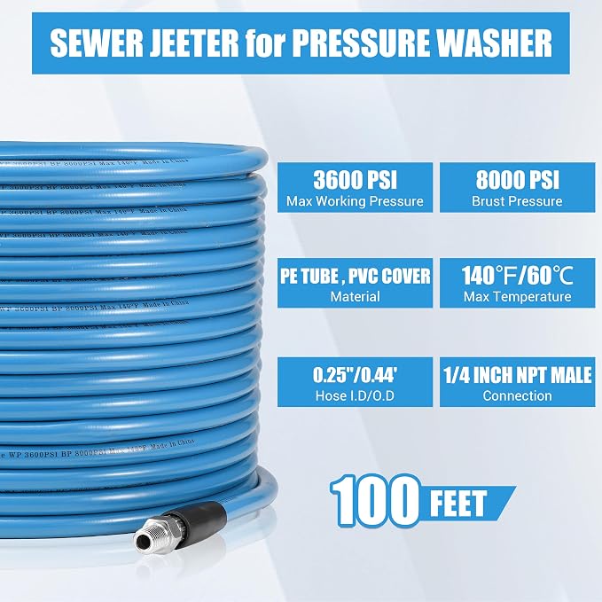 Sewer Jetter Kit for Pressure Washer 100FT, 3600 PSI | Drain Cleaning Hose with Short Power Washer Gun, 1/4 Inch NPT Corner, Rotating and Button Nose Sewer Jetting Nozzle