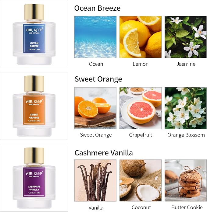 Reed Diffuser Set of 3, Ocean Breeze Sweet Orange Cashmere Vanilla Oil Reed Diffusers for Bedroom Living Room Office Aromatherapy Oil Reed Diffuser for Gift 50ml x 3