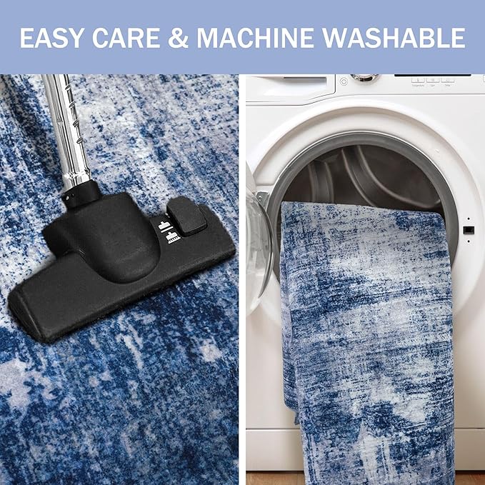 IOHOUZE Abstract Runner Rug 2x5 Ft Washable Runners for Hallways, Non Slip Kitchen Runner Printed Faux Wool Entryway Runner Indoor, Modern Abstract Floor Carpet for Hall Kitchen Bedroom, Navy/Grey